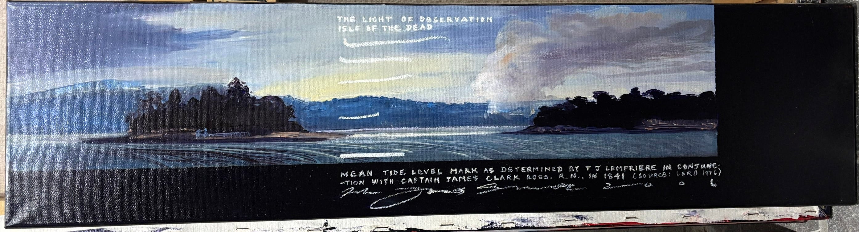 Artistic depiction of a landscape with trees and water, framed in black.